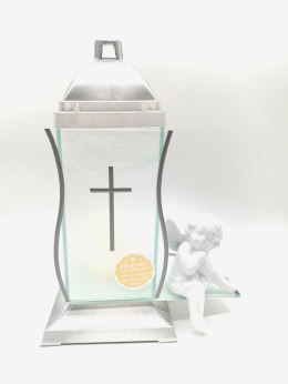 ZNICZ KAPLICZKA BIAŁE SREBRO Z KRZYŻEM I ANIOŁEM