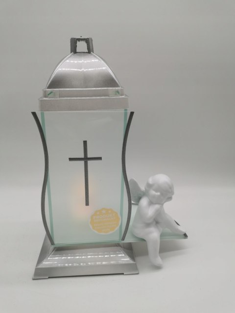 ZNICZ KAPLICZKA BIAŁE SREBRO Z KRZYŻEM I ANIOŁEM