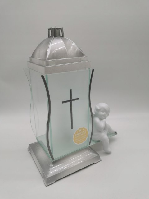 ZNICZ KAPLICZKA BIAŁE SREBRO Z KRZYŻEM I ANIOŁEM