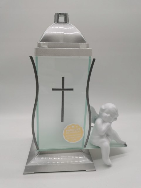 ZNICZ KAPLICZKA BIAŁE SREBRO Z KRZYŻEM I ANIOŁEM