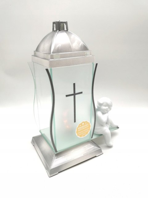 ZNICZ KAPLICZKA BIAŁE SREBRO Z KRZYŻEM I ANIOŁEM