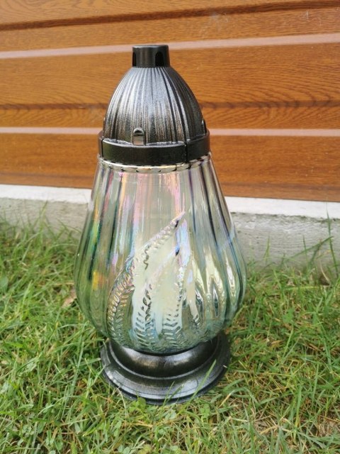 DUŻY ZNICZ SZKLANY WAZON TĘCZOWY GRAFITOWE SZKŁO ZNICZE ARTYSTYCZNE 32 CM