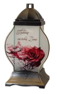 ZNICZ SZKLANA KAPLICZKA Z RÓŻĄ I DEDYKACJĄ DLA ŻONY